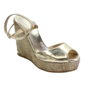 Jimmy Choo Womens Leather Open Toe Woven Detail Platform Wedges Gold Size 10